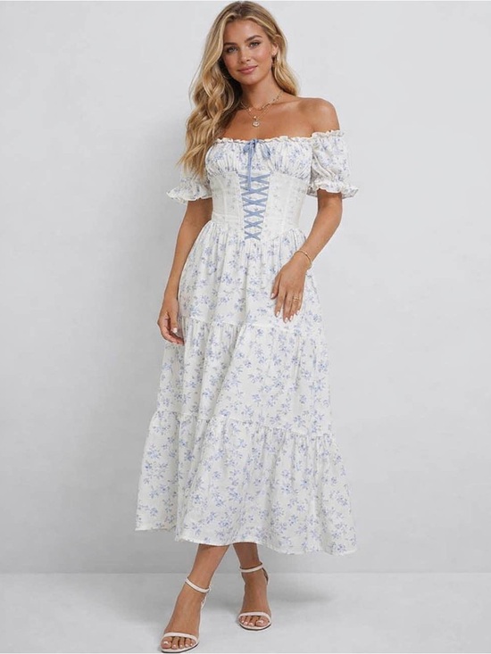 Dresses & Skirts - Ladies Romantic Floral Print Corset Puff Sleeves Midi Dress